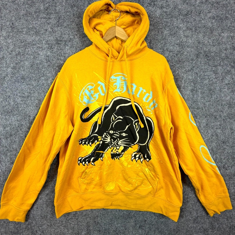 Ed‎ Hardy Hoodie Mens Large Yellow Panther Tattoo Graphic Fleece Lined Pullover